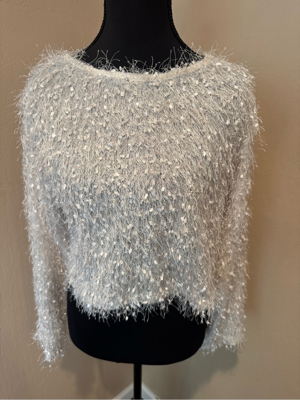 Opaque-White Fuzzy Eyelash Shimmery Crewneck top with Bell Sleeves